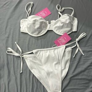 white bikini set from liberty & justice top M bottoms S, never worn tags on